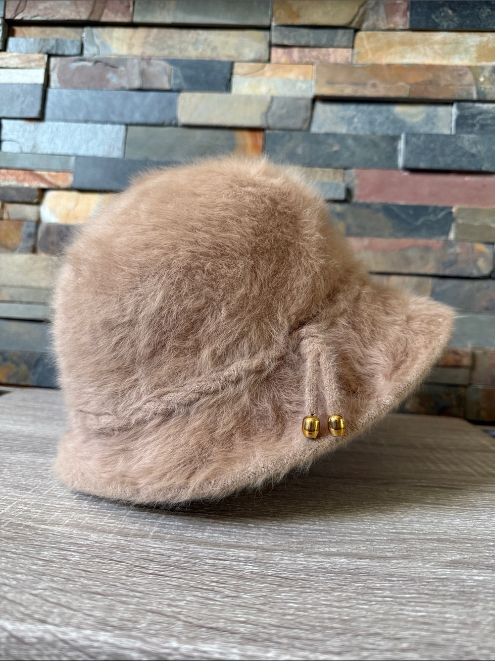 Kangol Fuzzy Bell Cloche Hat in Light Brown with Gold Beads vintage